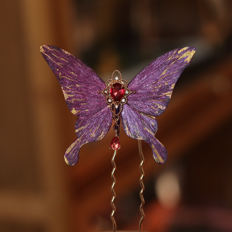 [Cocoon-Break] Unique Design-Velvet Flower Brooch Soft Hairpin 100% Mulberry Silk Purple Butterfly