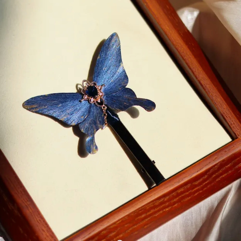 Cocoon-Break Unique Design-Velvet Flower Brooch Soft Hairpin 100% Mulberry Silk Blue Butterfly