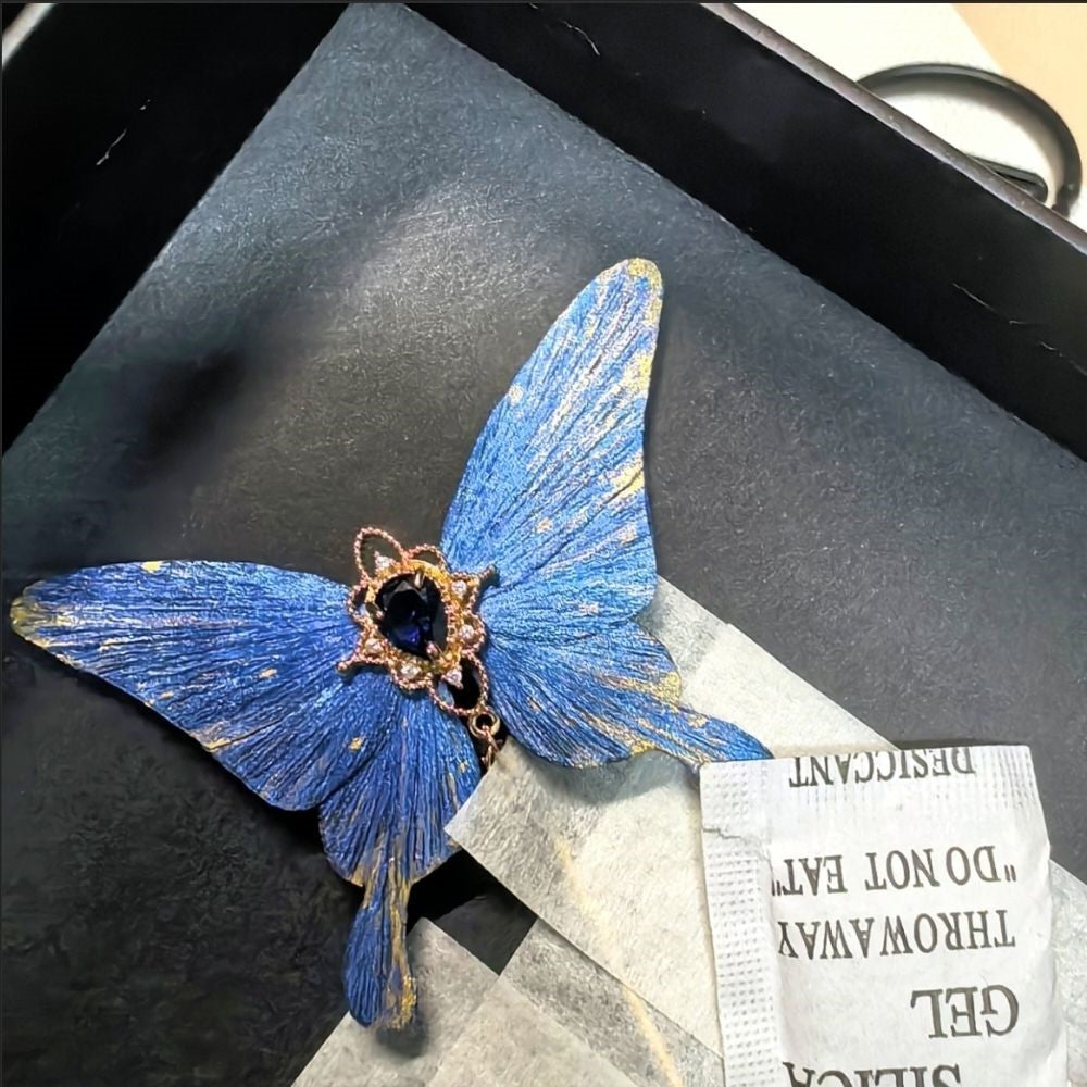 Cocoon-Break Unique Design-Velvet Flower Brooch Soft Hairpin 100% Mulberry Silk Blue Butterfly