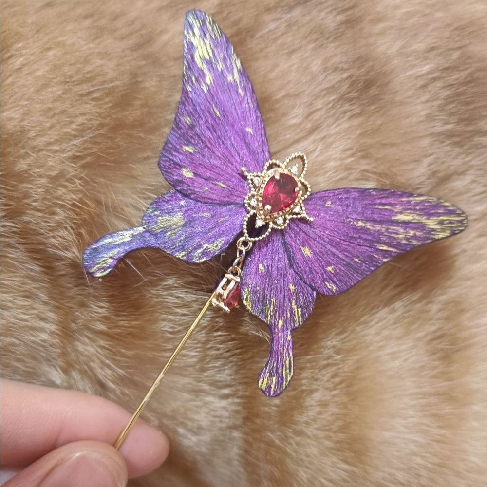 [Cocoon-Break] Unique Design-Velvet Flower Brooch Soft Hairpin 100% Mulberry Silk Purple Butterfly