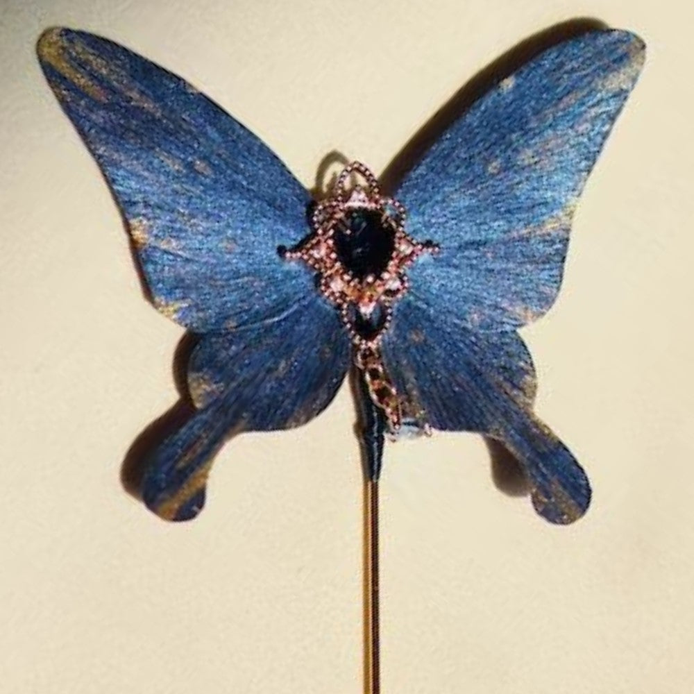 Cocoon-Break Unique Design-Velvet Flower Brooch Soft Hairpin 100% Mulberry Silk Blue Butterfly