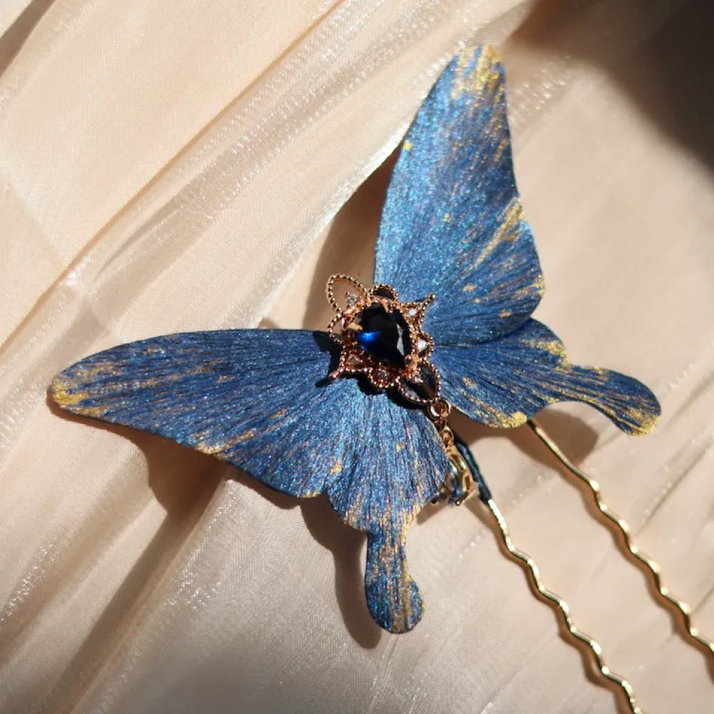 Cocoon-Break Unique Design-Velvet Flower Brooch Soft Hairpin 100% Mulberry Silk Blue Butterfly